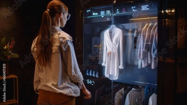 Obraz Shopper using a virtual fitting room to try on clothes before purchasing
