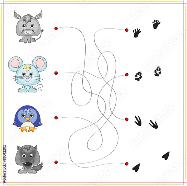 Fototapeta Donkey, mouse, penguin and wolf with their traces