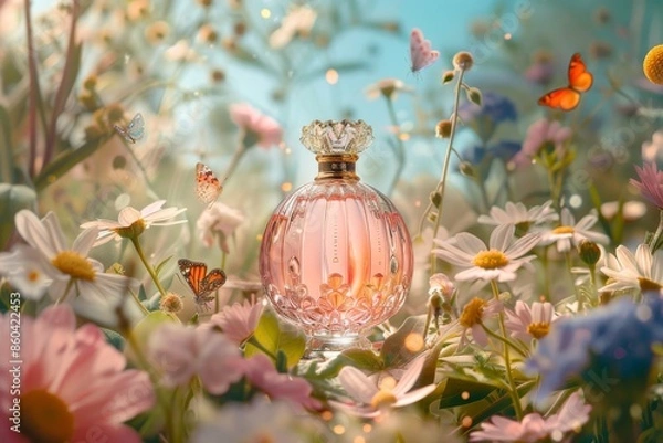 Fototapeta perfume bottle of a feminine shape on a pink blue background with summer flowers and a butterfly, women's floral perfume concept