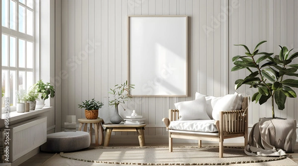 Fototapeta Frame Mockup in Vintage Farmhouse: A farmhouse-style living room with a distressed wooden frame holding an ISO A2 poster. Rustic furniture and vintage decor elements fill the space.