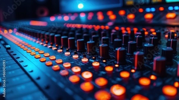 Fototapeta Close-up of a vibrant, modern audio mixing console with glowing LED lights in a recording studio setting.