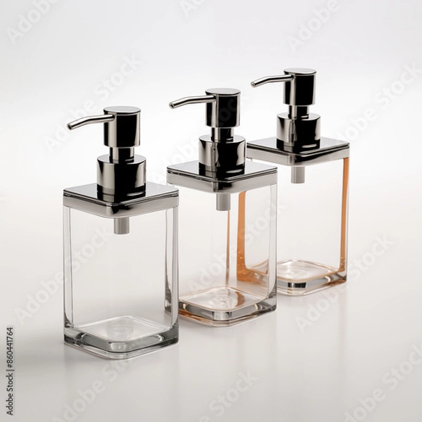 Fototapeta Three transparent square bottles with metal nozzles on a white background
