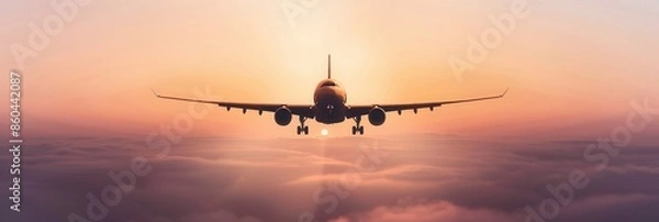 Fototapeta A minimalist silhouette of an airplane flying through the sky, with a vibrant sunset in the background. Generative AI