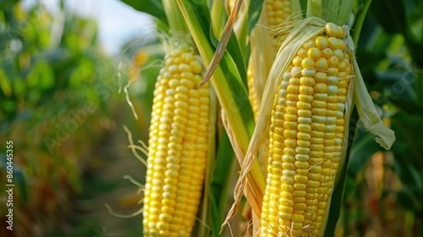 Fototapeta Ripe yellow corn cobs are growing in a field ready to be harvested