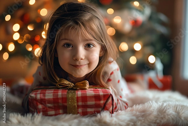Fototapeta Cute 6 year old girl with a Christmas present. Christmas tree in the background. New Year's mood, Christmas mood. Space for copying.