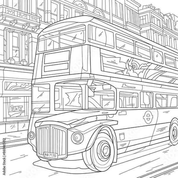 Obraz London Double Decker Bus Outline Vector Illustration. Double Decker Bus Coloring Page. Coloring Page For Adults.