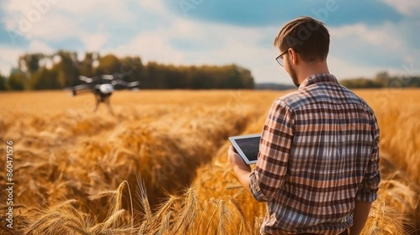 Fototapeta A farmer using a tablet to analyze data from a drone surveying a large wheat field. Industrial agriculture and smart farming drone