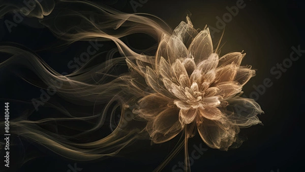 Fototapeta Misty golden haze creating a flower-like design on a black backdrop. Abstract digital artwork. Grace and surrealism theme. Generated ai