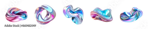 Obraz 3d fluid abstract metallic holographic colored shape png set on transparent background