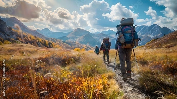 Obraz Adventure ideas for hiking trails with friends. Three hikers with backpacks, backpacks full of snacks and water bottles on scenic mountain path with golden foliage. National Mountain Climbing Day