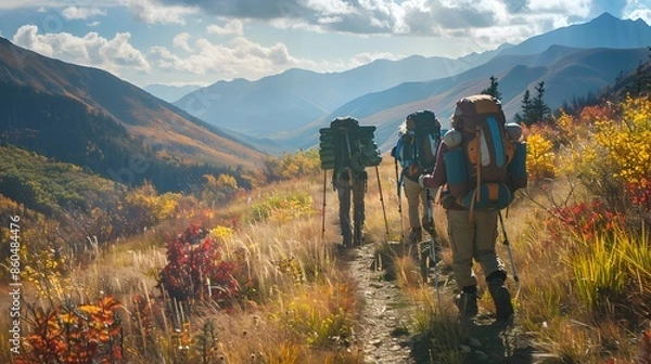 Obraz Adventure ideas for hiking trails with friends. Three hikers with backpacks, backpacks full of snacks and water bottles on scenic mountain path with golden foliage. National Mountain Climbing Day