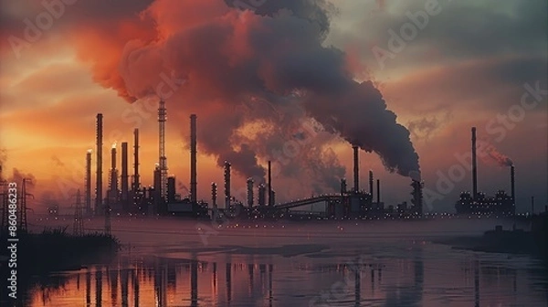 Fototapeta Industries with very high energy consumption with smoke or fog. Generative AI.