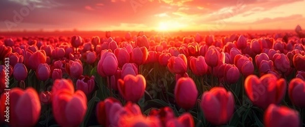 Obraz Tulip Field During Sunrise, Capturing The Vibrant And Serene Beauty Of The Landscape