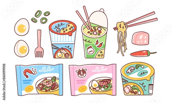 Obraz Instant ramen set. Vector illustration of Asian noodles packaging with eggs, green onion, spam and chili pepper that one can add to the dish. Instant noodles packages and cups in cute flat style.