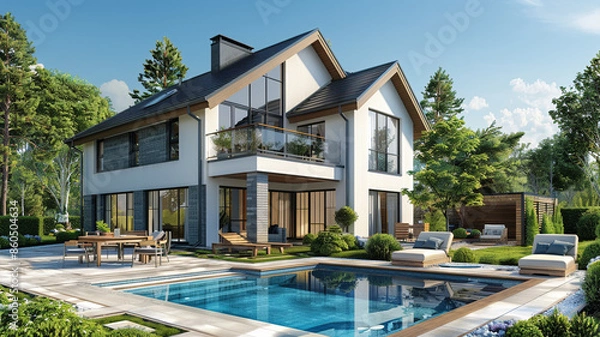 Fototapeta 3d rendering of modern cozy house in the garden with garage for sale or rent with beautiful pool in the yard. Clear sunny summer day with blue sky.