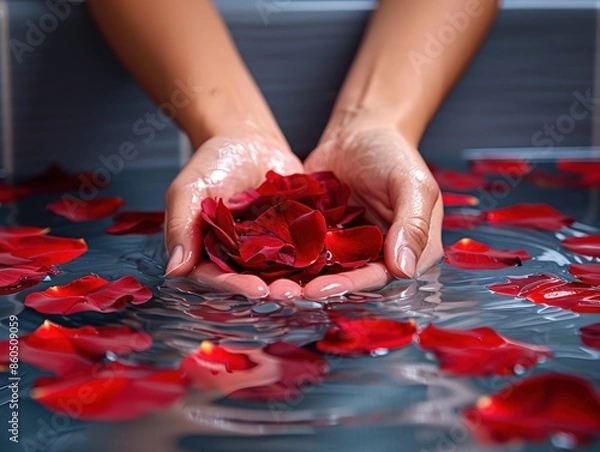 Fototapeta Hands holding red rose petals in a relaxing water bath
