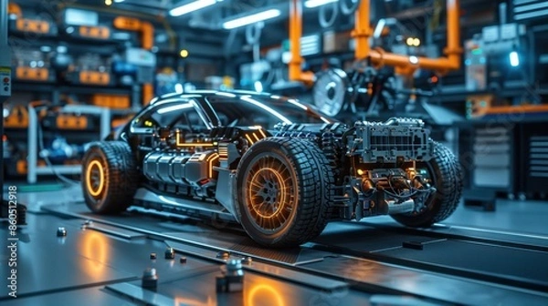 Fototapeta Electric vehicle repair and diagnostics with advanced tools, photorealistic style in a modern workshop, emphasizing precision and technology. 