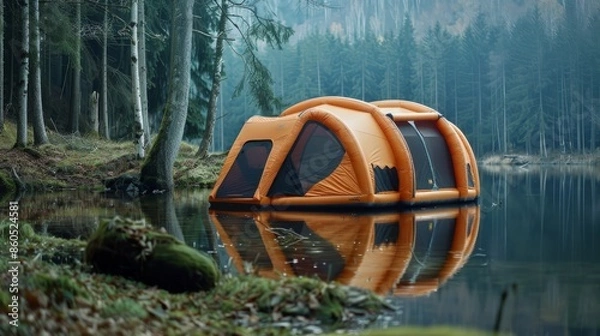 Fototapeta Inflatable Orange Floating Tent in a Serene Forest Lake