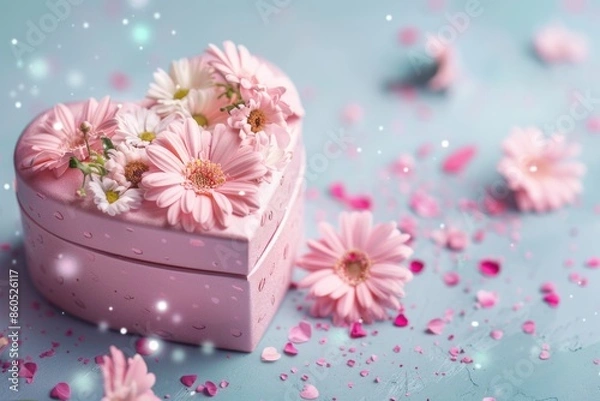 Obraz A pink heart shaped box filled with fresh flowers, suitable for romantic gestures or as a gift