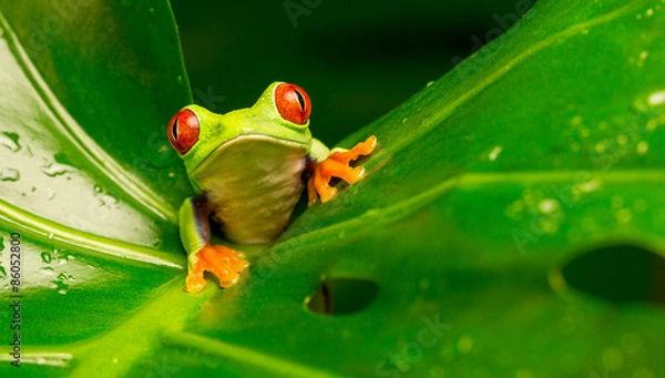 Fototapeta Cześć!
Red Eyed Tree Frog zerka na liść