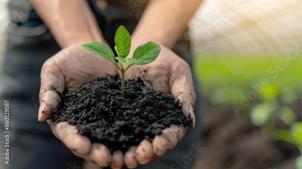 Fototapeta Close-up of hands holding a small green plant sprout with soil.  Represents growth, new beginnings, and environmental care.
