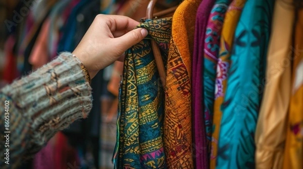 Fototapeta A shopper's hands browsing through a rack of colorful clothes in a boutique, with various textures and fabrics on display