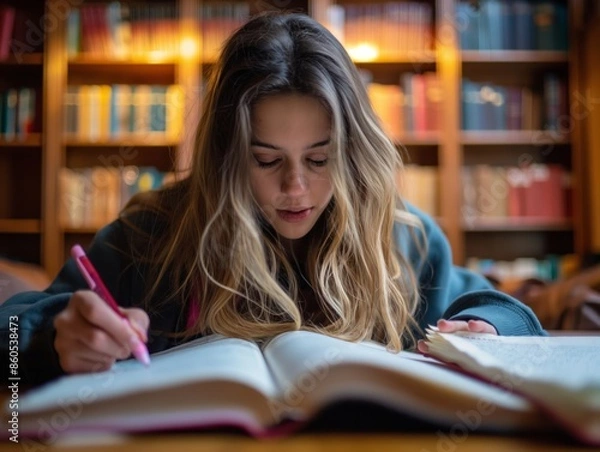 Fototapeta A law student highlighting key passages in a textbook while studying for exams