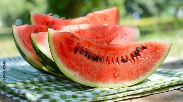 Fototapeta A close-up of a juicy watermelon sliced open, revealing its bright red flesh and black seeds, with a few slices arranged on a picnic tablecloth