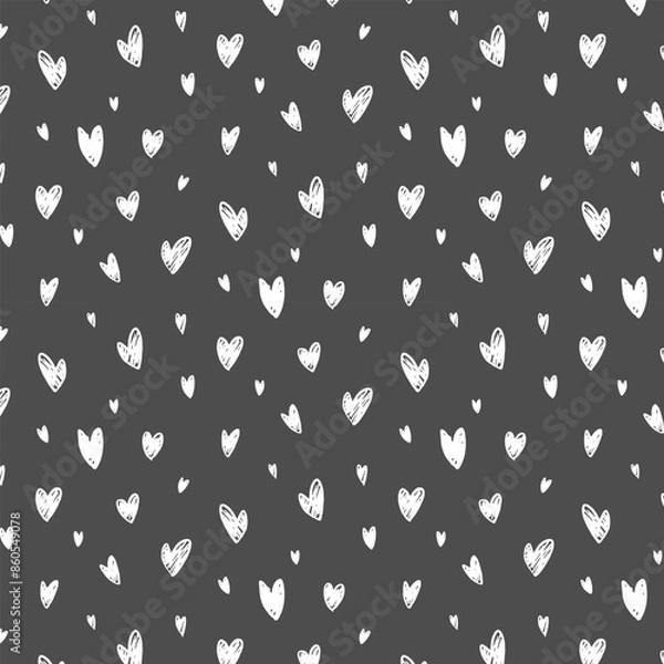 Fototapeta Seamless pattern with hand drawn graphic hearts on gray background. Decorative pattern for wedding invitation banners, cards and posters.