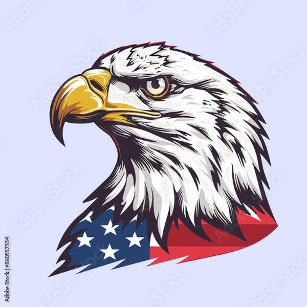 Fototapeta Bald Eagle face with American flag vector illustration on isolated background, USA flag patriotic symbol with eagle
