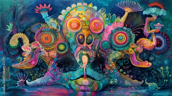 Fototapeta A colorful painting of a monster with a big mouth and a big head