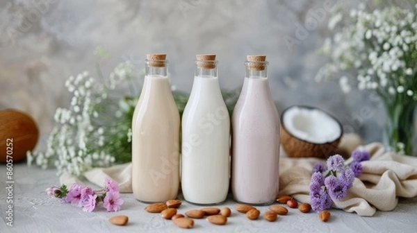 Obraz Assorted Plant-Based Milks on Light Background for Healthy Lifestyle Generative AI