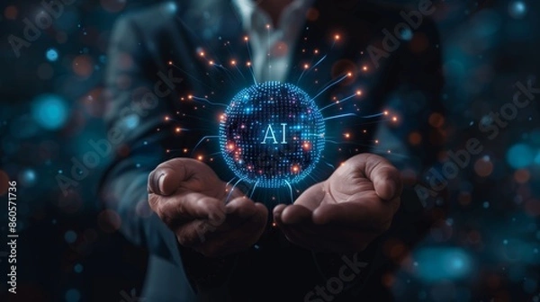 Fototapeta Abstract business man holding futuristic digital icon of artificial intelligence with text "AI" on dark background
