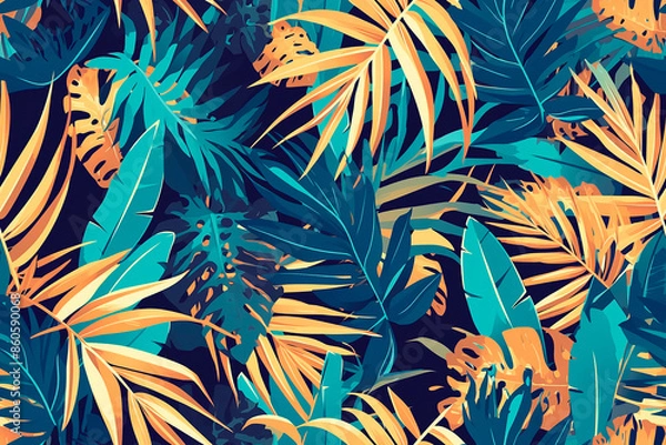 Fototapeta A seamless pattern featuring tropical leaves in shades of blue, teal, and yellow, against a dark background. The design is lush and vibrant, evoking a sense of exotic nature.