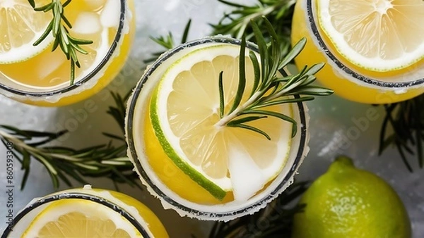 Fototapeta Cold drink with lemon lime ice and rosemary in frozen glasses top view