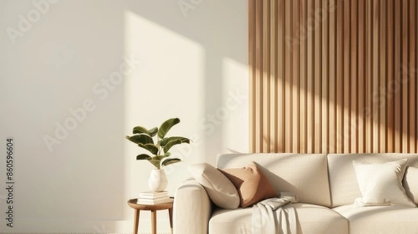Fototapeta A cozy living room with a minimalist design, featuring brown accents and an uncluttered area perfect for adding text or graphics.