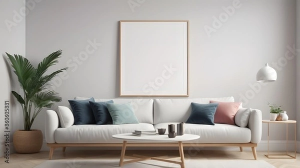 Fototapeta Frame mockup, ISO A paper size, Living room wall poster mockup, Interior mockup with house background, living room, Scandinavian style, 3D render, 3D illustration