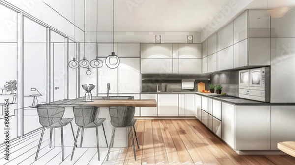 Obraz Modern kitchen design concept blending sketch and real elements with island, bar stools, and hanging lights for a contemporary interior.