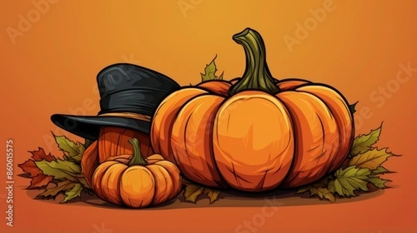 Fototapeta A collection of pumpkins is arranged next to a black hat, all placed against a backdrop rich in autumn leaves. This scene captures the essence of fall and Halloween festivities.