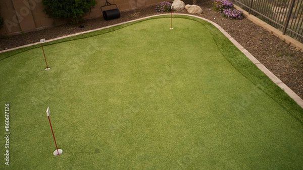 Fototapeta An artificial turf putting green with a desert landscaped boarder in a residential backyard.