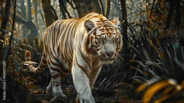 Fototapeta A powerful golden tiger prowls through a dense forest with slanting sunlight casting dramatic shadows, highlighting the animal's strength and natural habitat.