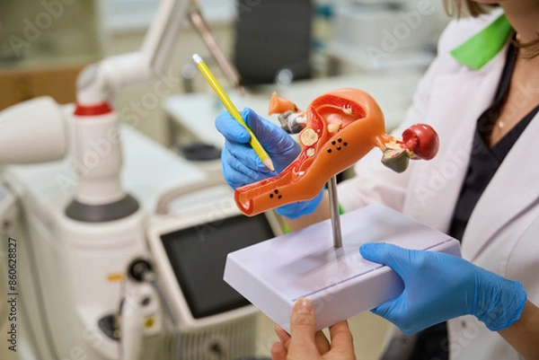 Fototapeta Gynecologist uses a mock-up of the uterus during a consultation