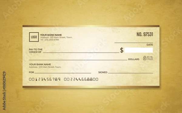 Obraz Blank bank check. Checkbook cheque template. Checkbook cheque template with brown theme. Money payment voucher or pay cash cheque certificate.