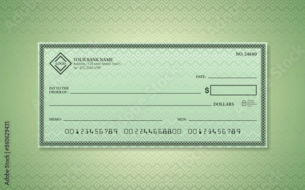 Obraz Blank bank check. Checkbook cheque template. Checkbook cheque template with green theme. Money payment voucher or pay cash cheque certificate.