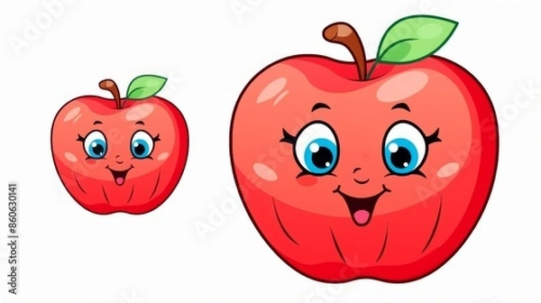 Fototapeta A delightful pair of animated apple characters with big eyes and leaves, radiating cheerful vibes and designed to appeal to children as well as adults, perfect for playful projects.