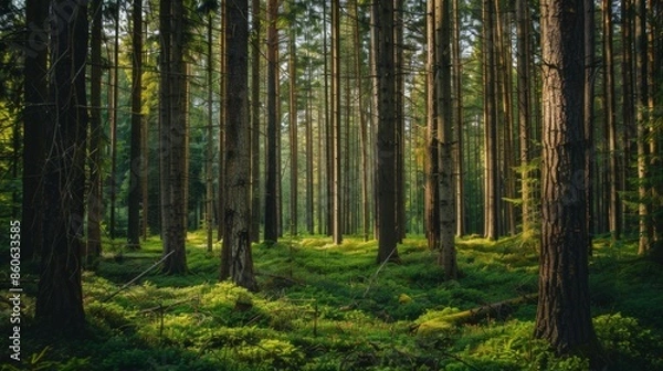 Fototapeta A vibrant forest scene featuring tall trees and lush green undergrowth. The image encapsulates the serenity and richness of a dense, natural woodland environment.