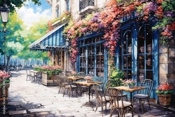 Fototapeta Welcoming street cafe entrance adorned with flowers, creating a cozy and inviting atmosphere
