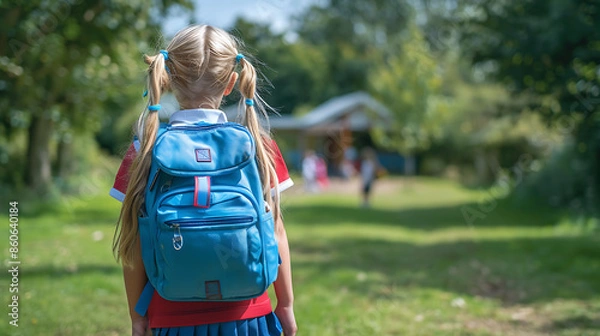 Obraz Back view of schoolgirl with backpack standing in park on sunny day