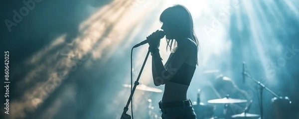Obraz Backlit silhouette of a female singer performing on stage with a band, exuding a sense of music and drama