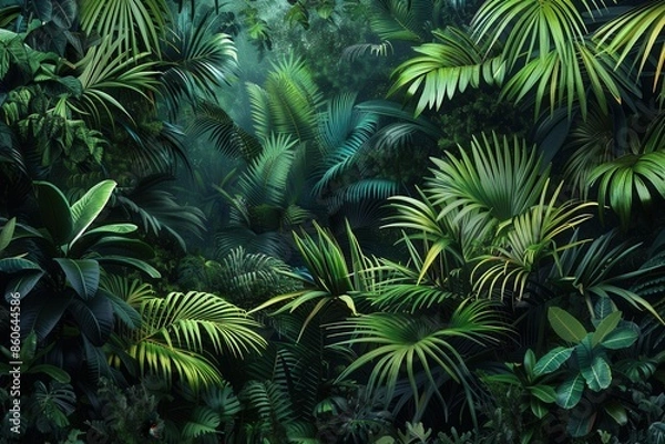 Fototapeta A vibrant green tropical rainforest canopy, teeming with life. Generative AI